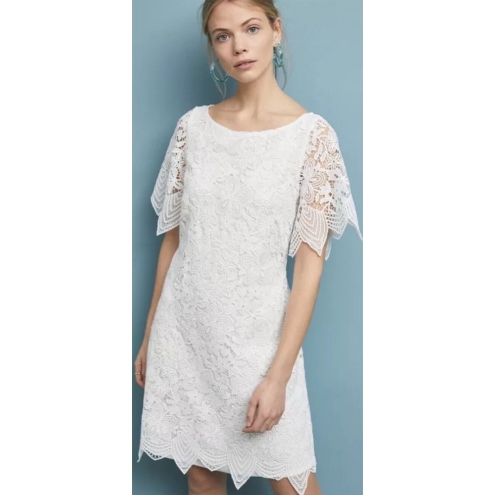Anthropologie Charleston Lace Mini Dress White Sheer Sleeves Cocktail Party 0p